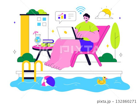 Freelance Workers Relaxing by the Swimming Pool Vector Illustration Featuring People Drinking Cocktails and Using Laptops in a Flat Background 132860271