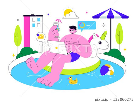 Freelance Workers Relaxing by the Swimming Pool Vector Illustration Featuring People Drinking Cocktails and Using Laptops in a Flat Background Freelance Workers Relaxing by the Swimming Pool Vector Illustration Featuring People Drinking Cocktails and Using Laptops in a Flat Background 132860273