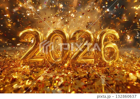 黒背景にゴールドの2026と輝く星 132860637