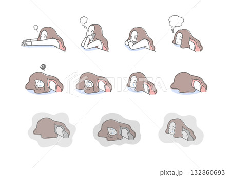 机に顔をつけて落ち込んでいる女性のイラストセット 132860693
