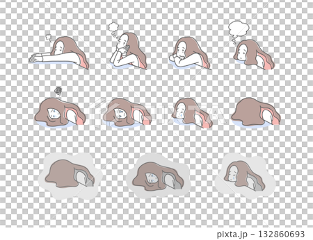 机に顔をつけて落ち込んでいる女性のイラストセット 132860693