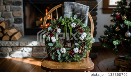 アンティークチェアに立てかけたリース アンティークチェアに立てかけたリース 132860792