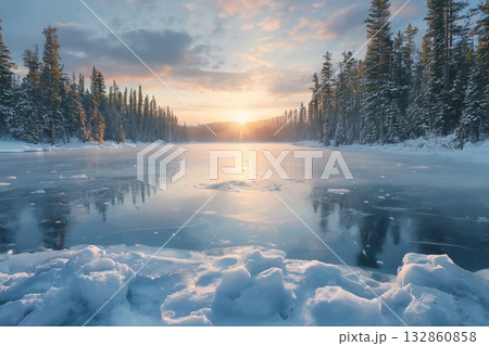 朝日に照らされる湖 朝日に照らされる湖 132860858