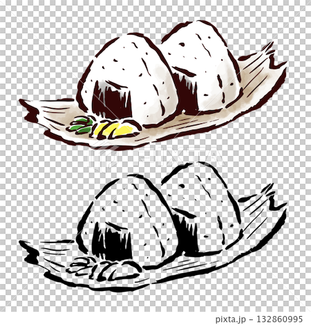 Traditional rice balls served on bamboo skin - color and line drawing set 132860995