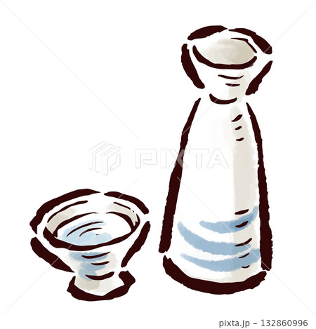 徳利とお猪口　日本酒など　筆タッチ手描きイラスト 132860996