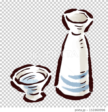 徳利とお猪口　日本酒など　筆タッチ手描きイラスト 132860996