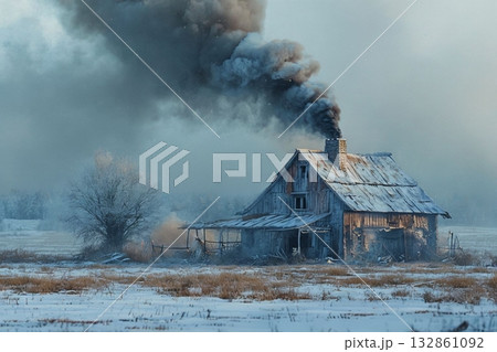 雪降る朝の小屋 132861092