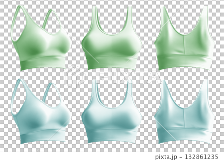 2 Set of pastel green blue, front back side view, sports exercise bra tank crop top on transparent background cutout, PNG file. Mocku 132861235
