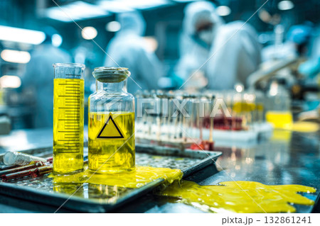 Close-up of toxic chemical spill in lab. Laboratory accident, hazardous materials. Medical and Scientific experiments conducted by scientists and laboratory technicians 132861241