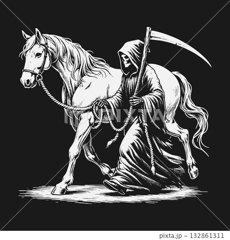 Gothic illustration of the Grim Reaper leading a pale horse. Gothic illustration of the Grim Reaper leading a pale horse. 132861311