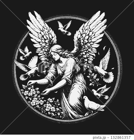 Classic Black and White Illustration of a Winged Angel with Doves. 132861357