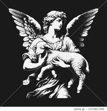 Spiritual Angelic Figure Cradling a Gentle Lamb in Arms. Spiritual Angelic Figure Cradling a Gentle Lamb in Arms. 132861360