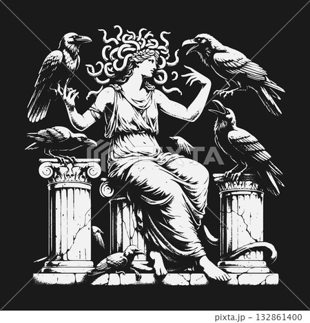Black and white engraving style Medusa with snakes and crows. Black and white engraving style Medusa with snakes and crows. 132861400