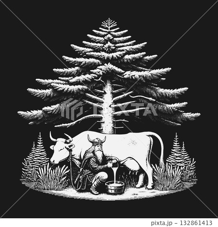 Mythical Viking with horned helmet milking a cow in a forest. 132861413