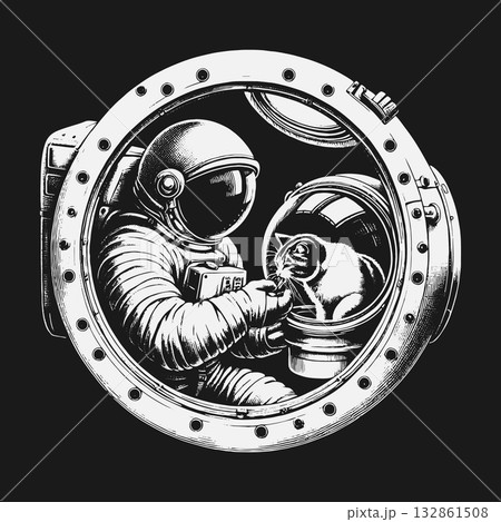 Astronaut and Space Cat Companion Viewed Through a Spaceship Porthole. Astronaut and Space Cat Companion Viewed Through a Spaceship Porthole. 132861508