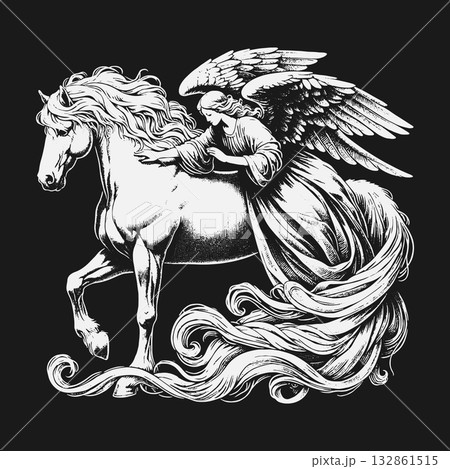 Classical black and white engraving of a mythical angel riding a majestic horse with flowing mane. 132861515