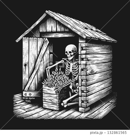Monochrome illustration of a skeleton in a rustic wooden shed holding a harvest crate. 132861565