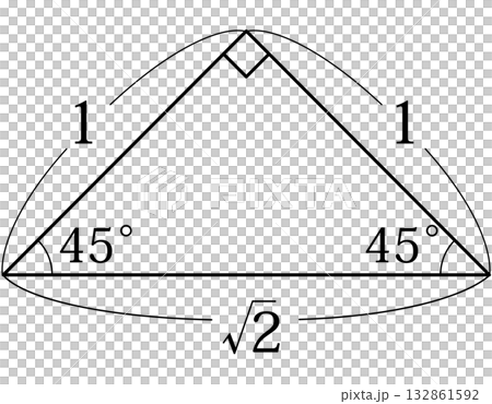 二等辺直角三角形の角度と辺の比（45°–45°–90°） 132861592