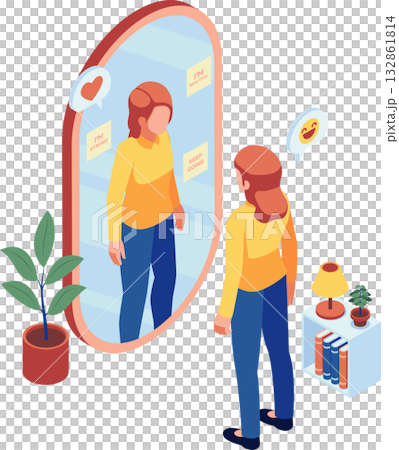 Isometric Woman In Front Of Mirror with Positive Affirmations 132861814