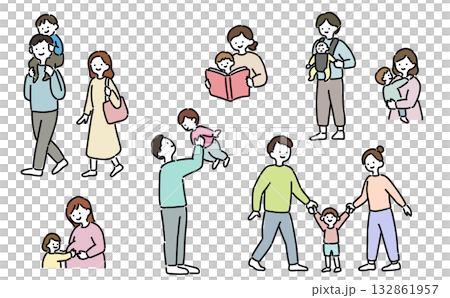 手繪插圖:一家人各種姿勢 手繪插圖:一家人各種姿勢 132861957