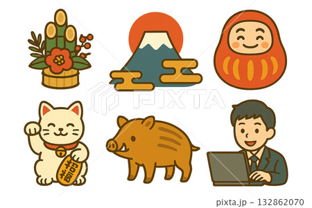 お正月イラストセット白背景に描かれたイラスト 132862070