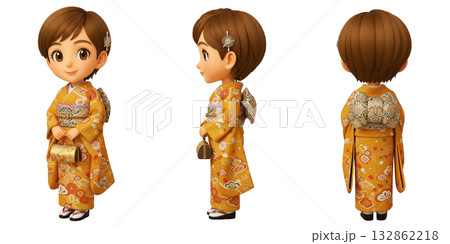 黄金地の振袖姿のちびキャラ女性3面図 132862218