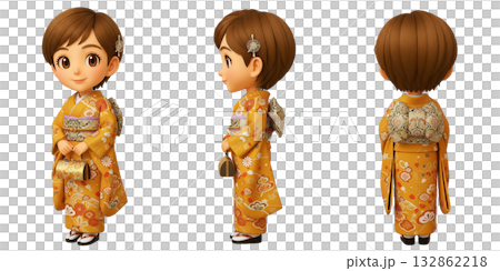 黄金地の振袖姿のちびキャラ女性3面図 132862218