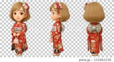 Three-dimensional illustration of a female chibi character wearing a red furisode kimono 132862236