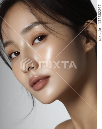 美容液を塗って肌に潤いがある女性の顔のアップ 132862267