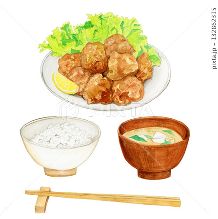 手描き水彩の唐揚げとご飯と味噌汁のセットイラスト 132862315