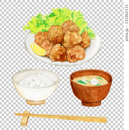 手描き水彩の唐揚げとご飯と味噌汁のセットイラスト 132862315