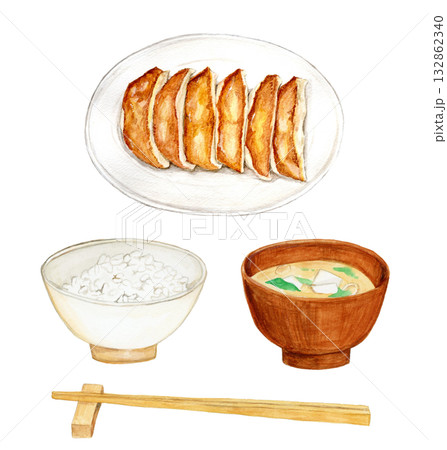 手描き水彩の餃子とご飯と味噌汁のイラストセット 手描き水彩の餃子とご飯と味噌汁のイラストセット 132862340
