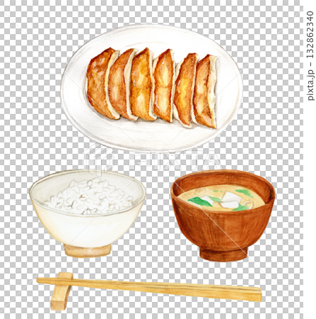 手描き水彩の餃子とご飯と味噌汁のイラストセット 手描き水彩の餃子とご飯と味噌汁のイラストセット 132862340