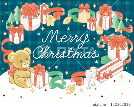水彩画のテディベアとプレゼントのクリスマスリースフレーム 132862838