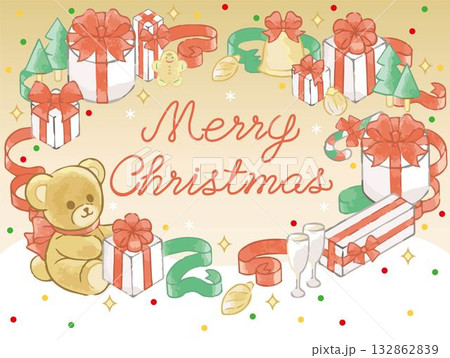 水彩画のテディベアとプレゼントのクリスマスリースフレーム 水彩画のテディベアとプレゼントのクリスマスリースフレーム 132862839