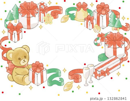 水彩画のテディベアとプレゼントのクリスマスリースフレーム 水彩画のテディベアとプレゼントのクリスマスリースフレーム 132862841