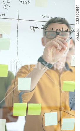 Business team collaborating on a project, using a glass board with sticky notes and marker to brainstorm ideas and develop a strategic plan in office space 132862944