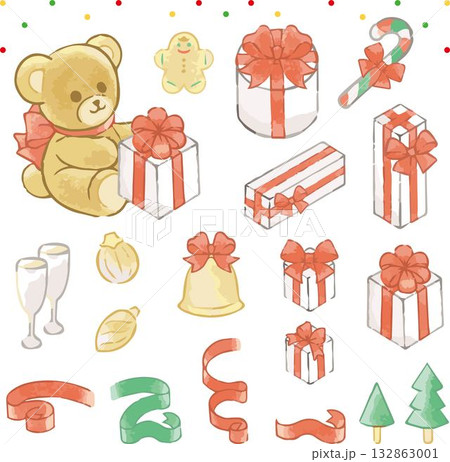 水彩画のテディベアとプレゼントのクリスマスアイコンセット 飾り あしらい 手描き イラスト素材 水彩画のテディベアとプレゼントのクリスマスアイコンセット 飾り あしらい 手描き イラスト素材 132863001
