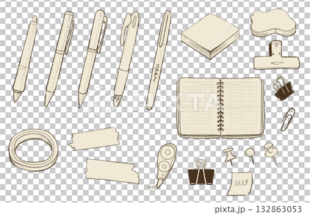 かわいい文房具の手描き風イラスト｜ノート,ペン,マスキングテープ,クリップ 132863053