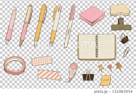 かわいい文房具の手描き風イラスト｜ノート,ペン,マスキングテープ,クリップ 132863054