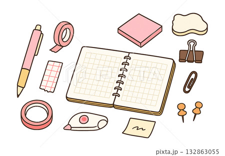 かわいい文房具の手描き風イラスト｜ノート,ペン,マスキングテープ,クリップ 132863055