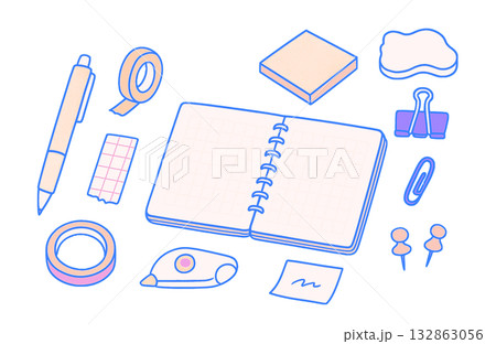 かわいい文房具の手描き風イラスト｜ノート,ペン,マスキングテープ,クリップ 132863056