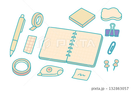 かわいい文房具の手描き風イラスト|ノート,ペン,マスキングテープ,クリップ かわいい文房具の手描き風イラスト|ノート,ペン,マスキングテープ,クリップ 132863057