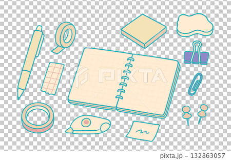 かわいい文房具の手描き風イラスト|ノート,ペン,マスキングテープ,クリップ かわいい文房具の手描き風イラスト|ノート,ペン,マスキングテープ,クリップ 132863057