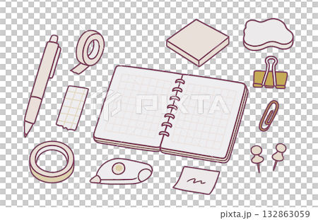 Cute hand-drawn stationery illustrations: notebooks, pens, masking tape, clips Cute hand-drawn stationery illustrations: notebooks, pens, masking tape, clips 132863059