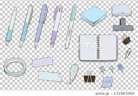 かわいい文房具の手描き風イラスト｜ノート,ペン,マスキングテープ,クリップ 132863060