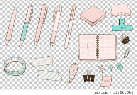 かわいい文房具の手描き風イラスト｜ノート,ペン,マスキングテープ,クリップ 132863062