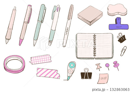 かわいい文房具の手描き風イラスト|ノート,ペン,マスキングテープ,クリップ かわいい文房具の手描き風イラスト|ノート,ペン,マスキングテープ,クリップ 132863063