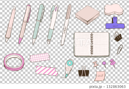 かわいい文房具の手描き風イラスト|ノート,ペン,マスキングテープ,クリップ かわいい文房具の手描き風イラスト|ノート,ペン,マスキングテープ,クリップ 132863063