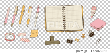 可愛的手繪文具插圖：筆記本、鋼筆、膠帶、夾子 132863066